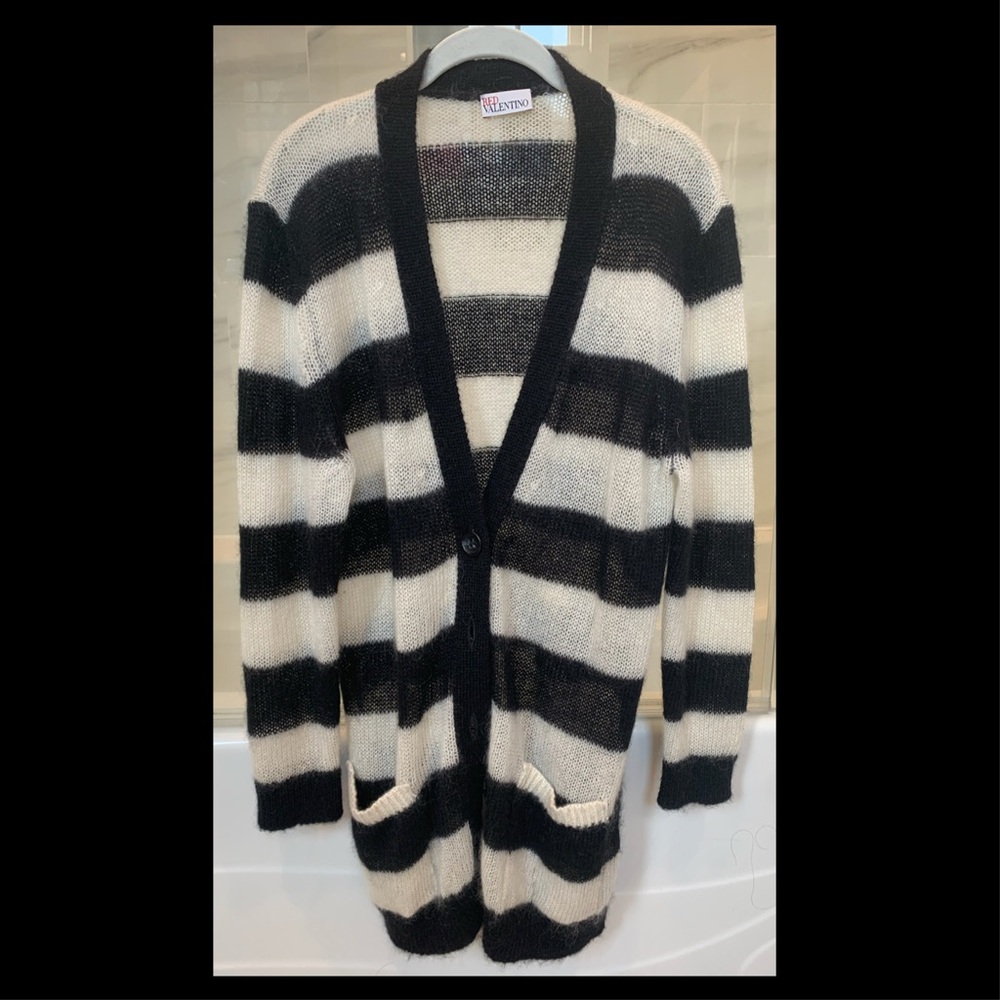 RED Valentino Black and White Striped Mohair-Wool Cardigan Sweater XS